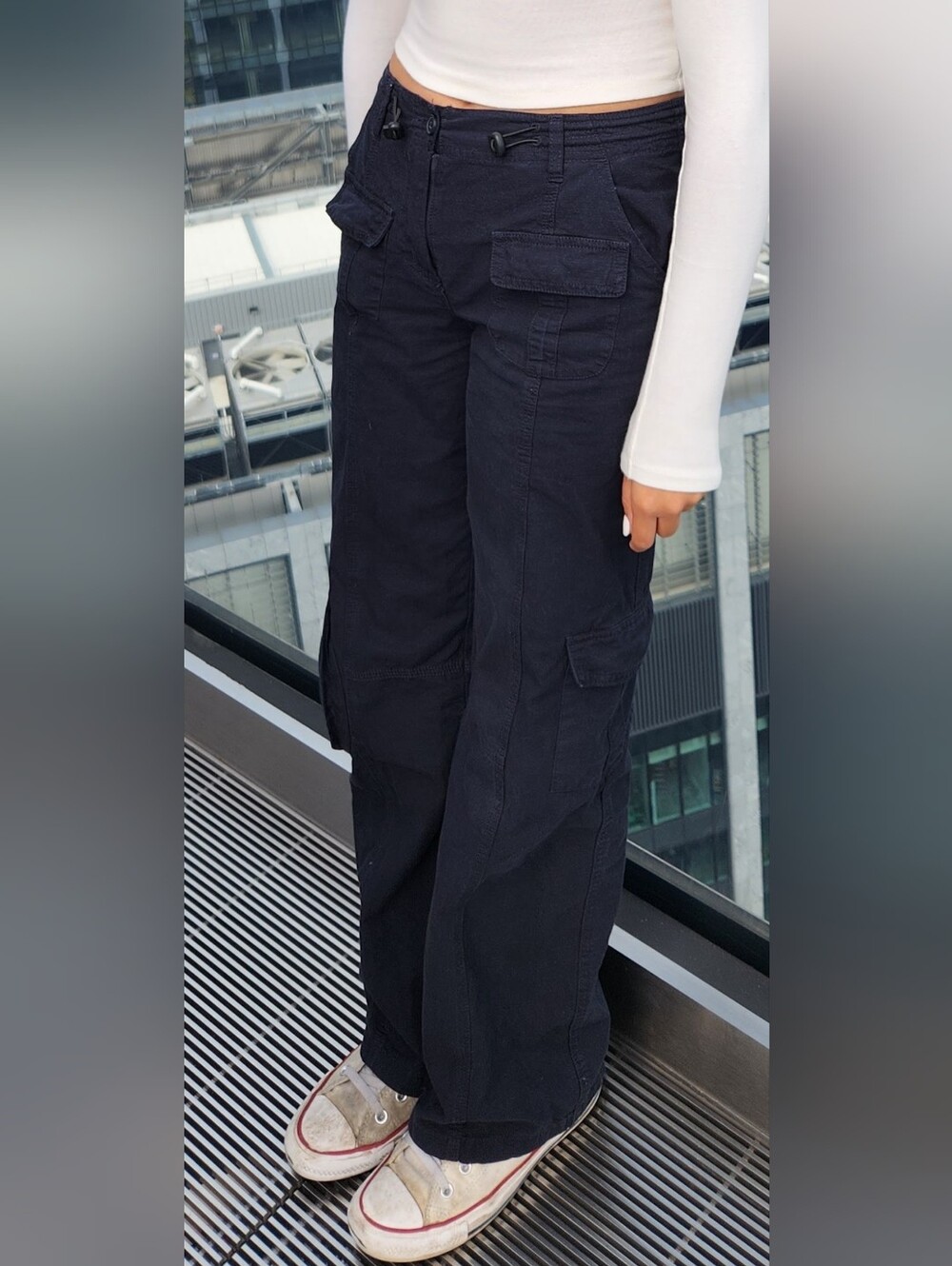 Brandy Melville Navy Wide Leg Cargo Pants One Size Adjustable Waist